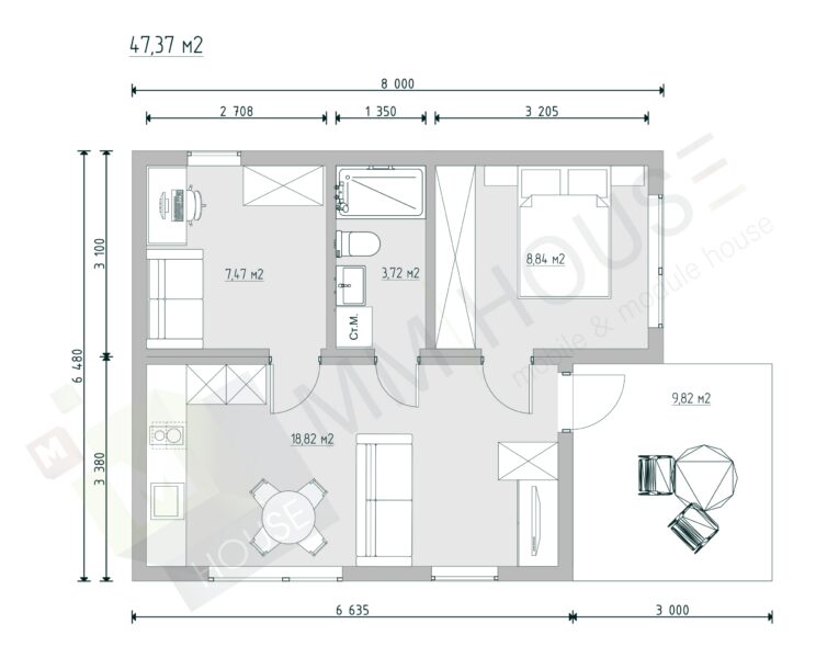 Минимализм 47 м2 с 2 спальнями