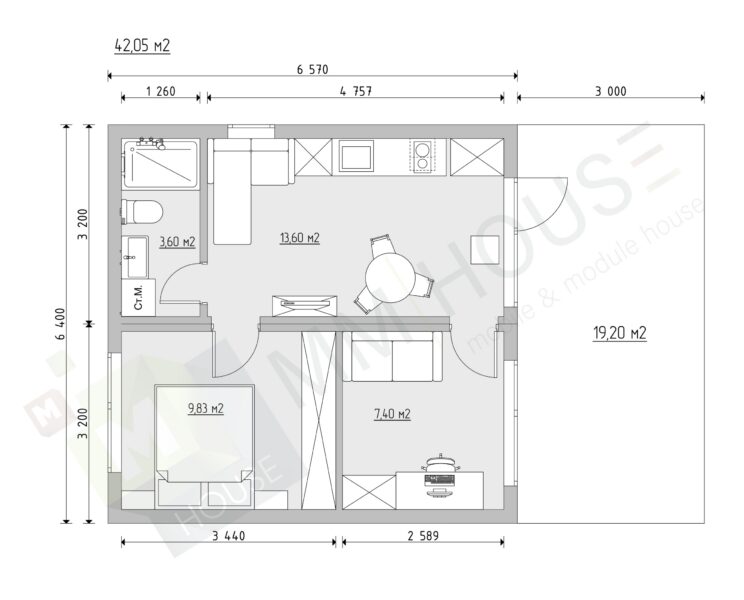 Минимализм 42 м2 с 2 спальнями